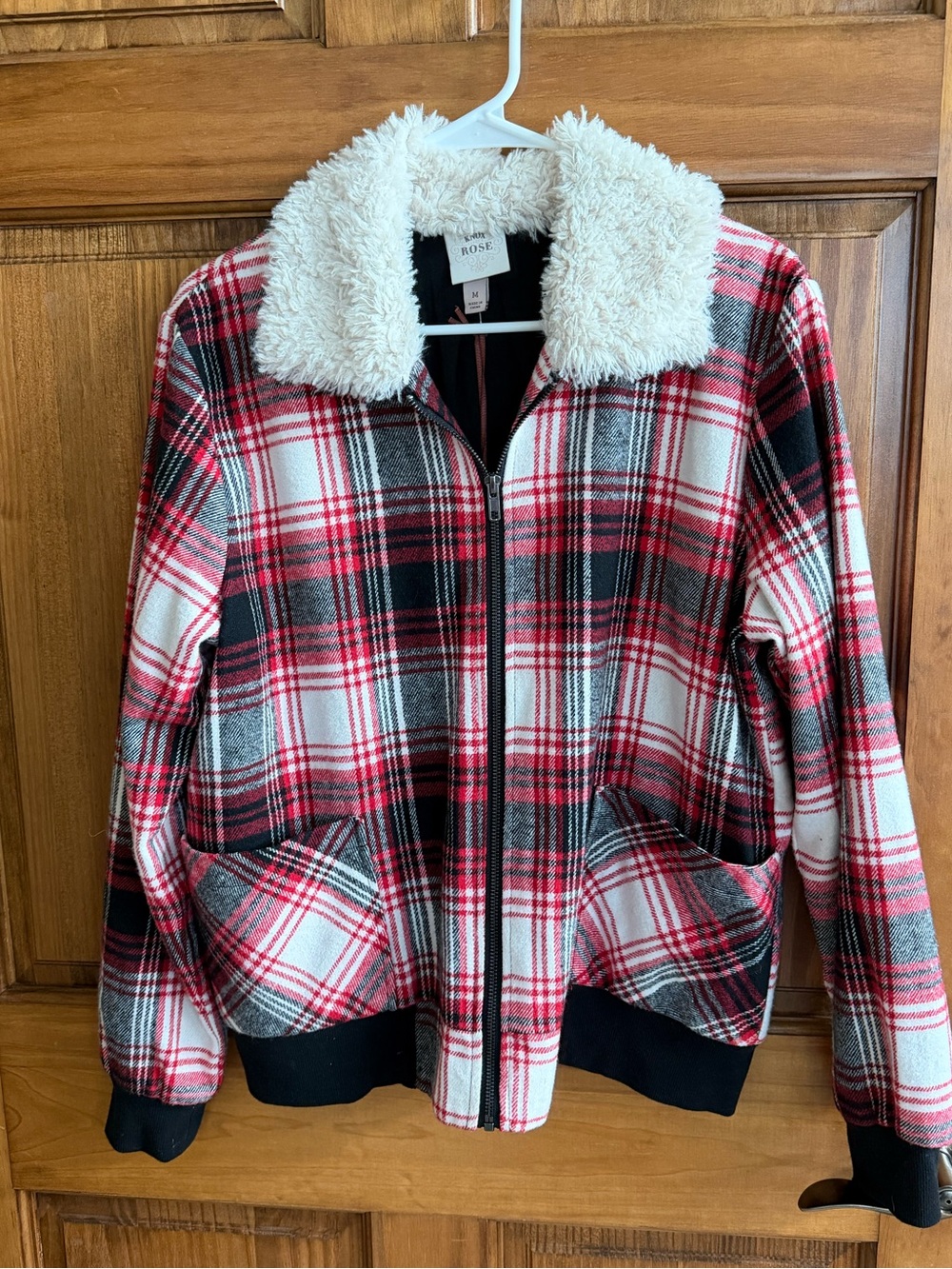 Knox Rose Plaid Bomber Jacket with Sherpa Collar - Red/Black/White